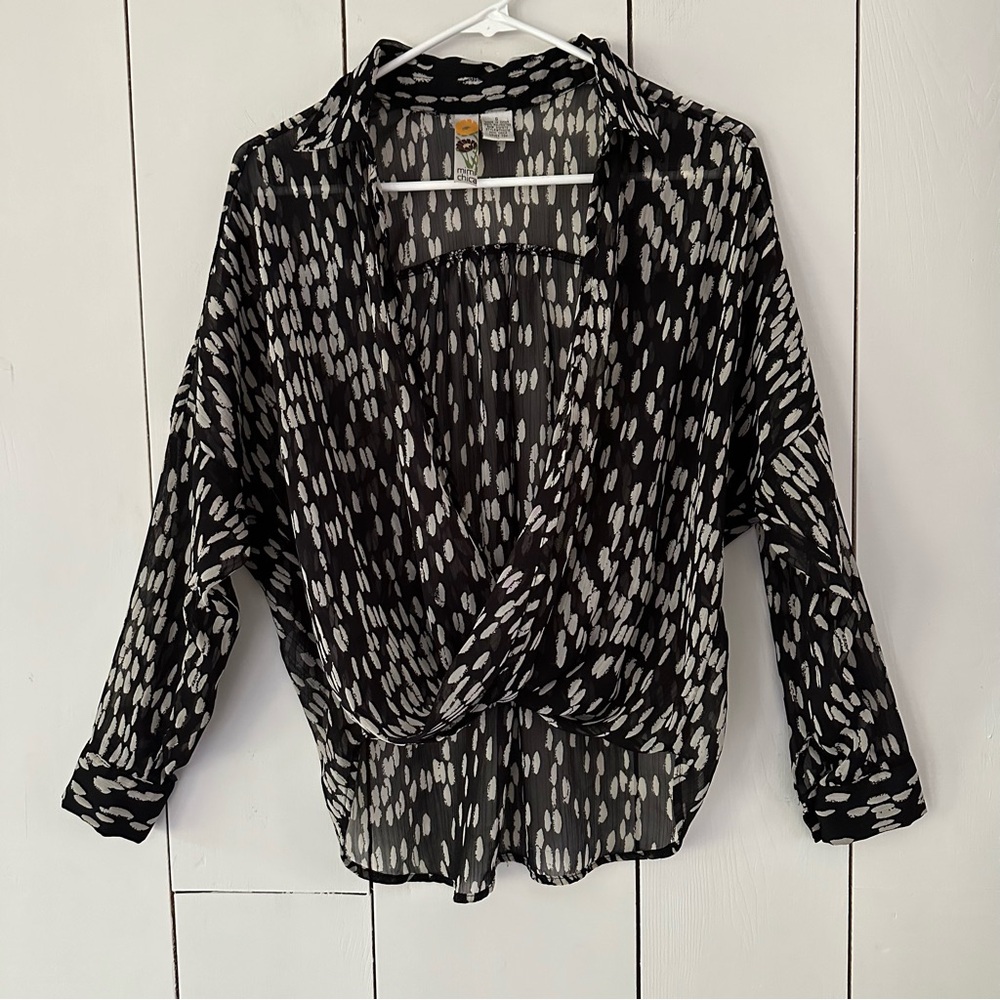 Mimi Chica Polka Dot Sheer Top Sz S Twisted Front Pop Over Black White